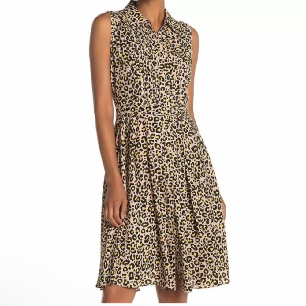 Sleeveless Leopard Print Shirt Dress in Beige and Black
